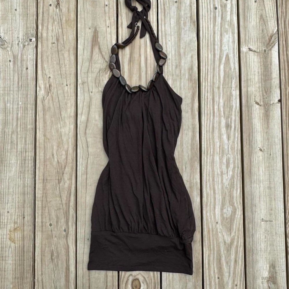 Chic Y2k Brown Halter Dress with Beaded Neckline